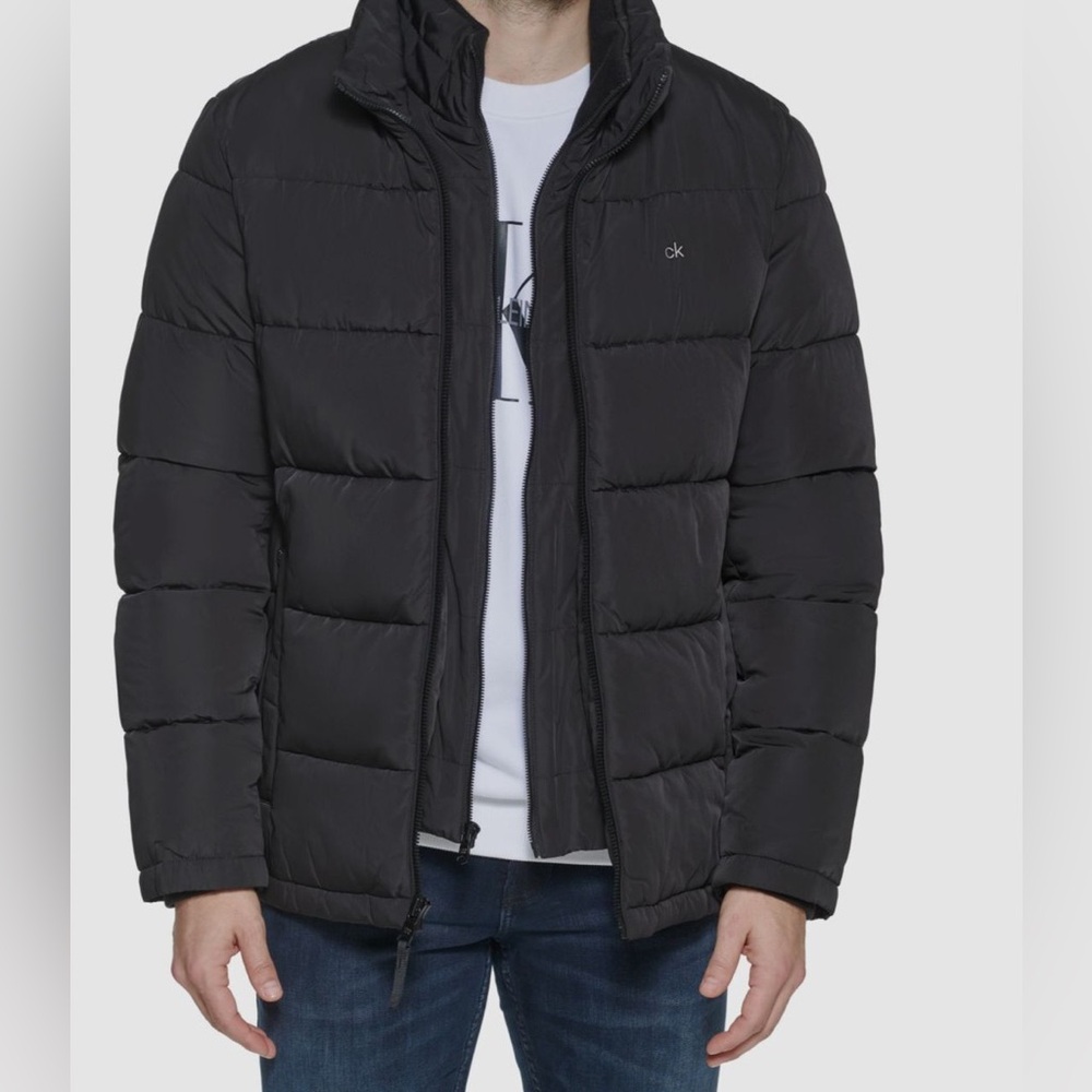 Calvin Klein Men's Black Puffer Jacket With Set In Bib Detail sz L